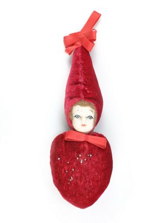 Antique Sewing / Pin Cushion W/ Bisque Doll Head - Red Velvet - 1920s 1930s