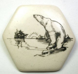 Vintage Ceramic Studio Button Hexagon Hand Inked Polar Bear W Ship & Sun 1 & 5/8