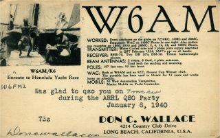 W6am Don C.  Wallace Long Beach,  Ca 1940 W/ Stamp Vintage Ham Radio Qsl Card