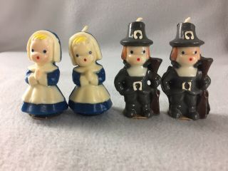 4 Vintage Gurley Thanksgiving Pilgrim Candles 3 " Girl 3.  5 " Boy