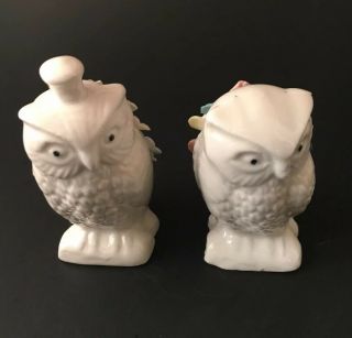Owl Figurines Sewing Pincushion Thimble Flowers Vintage White Bone China