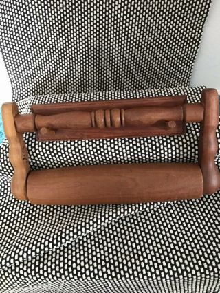 Vintage Cherry Wood Rolling Pin And Holder Signed