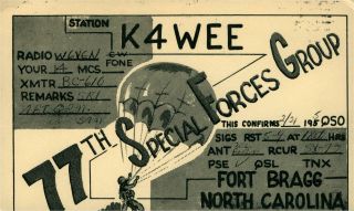 K4wee 77th Special Forces Group Nc 1955 W/ Stamp Vintage Ham Radio Qsl Card