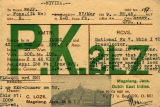 Pk2lz C.  Loze Java,  Dutch East Indies 1939 Vintage Ham Radio Qsl Card