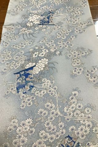 @@62 " Japanese Vintage Kimono Silk Fabric/smooth Silk/light Blue,  Floral Pa29