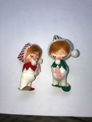 Vtg Japan Red & Green Pixie Elf Girl Boy Doll Christmas Ornaments 3.  5”