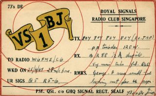 Vs1bj Radio Club Singapore 1947 Vintage Ham Radio Qsl Card