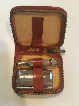 Vintage Gillette Travel Safety Razor In 2 X 2 1/2 Brown Leather Case