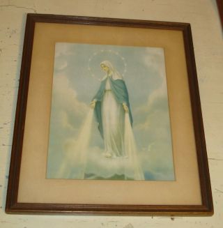 Vintage Framed " Our Lady Of The Miraculous Medal " Roman Catholic Print - Mary