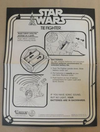 Vintage 1977 Kenner Star Wars Tie Fighter Instruction Sheet