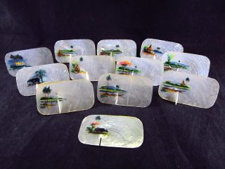 Vintage Hand Painted Shell Place Cards Philippine Shell - Craft Corporation 11,  1