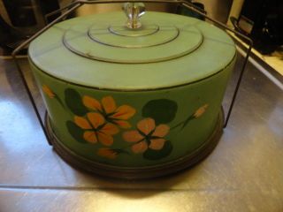 Vintage Green W/ Flower Print Cake Carrier Shabby Tin Caddy 2