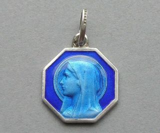Saint Virgin Mary.  Antique Religious Silver Pendant.  Blue Enamel.  French Medal.