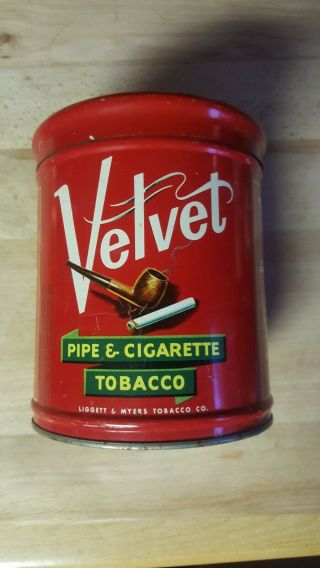 Vintage Velvet Pipe & Cigarette Tobacco Tin Can & Lid - America 