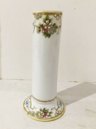 Vintage Nippon Hand Painted Hatpin Holder / Vase With Flowers,  Gold Leaf Trim