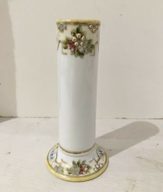 Vintage Nippon Hand Painted Hatpin Holder / Vase with Flowers,  Gold Leaf Trim 3