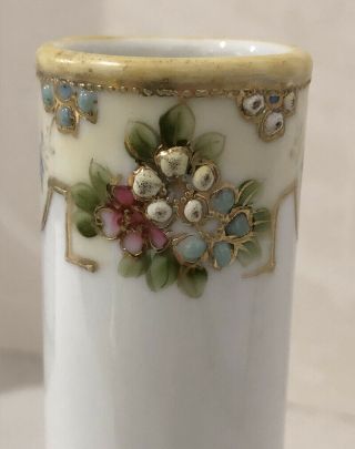 Vintage Nippon Hand Painted Hatpin Holder / Vase with Flowers,  Gold Leaf Trim 5