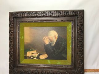 Vtg Old Man Saying Grace Daily Bread Praying Thanks Wood Wall Art Decor Picture