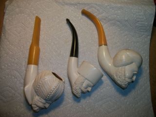 3 - Vtg Meerschaum Carved Turkish Tobacco Pipes/1 - Eskisehir & 1 - Unsmoked/all Solid
