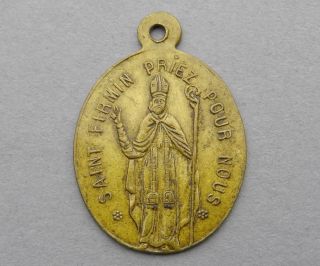 French,  Antique Religious Catholic Pendant.  Saint Fermin Of Amiens Medal.  Bishop
