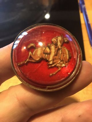 Vintage Glass Dome Horse Rosette Bridle Pin Bucking Bronco Cowboy Rodeo