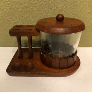 Vintage Wood Fairfax 4 Pipe Stand / Holder W/ Glass Tobacco Jar Humidor
