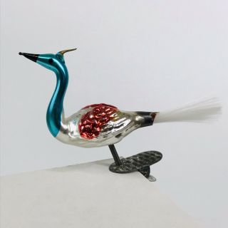 Antique Vintage Blown Mercury Glass Clip - On Peacock Bird Xmas Ornament Germany