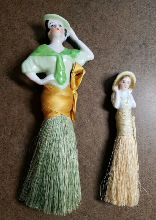 Two Vintage Porcelain Flapper Girl Half - Doll Figural Brushes