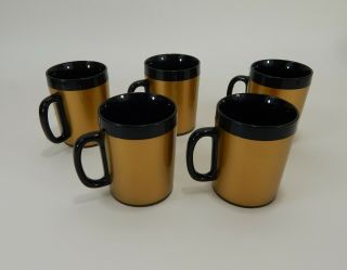 Vintage Set Of 5 West Bend Thermo - Serv Gold/black Coffee Mugs Made In Usa