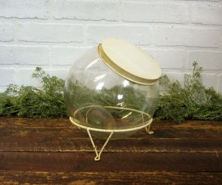 Vintage Sellers Hoosier Cabinet Round Glass Jar Canister Metal Stand & Lid