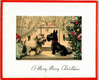Art Deco Scottie Dog Puppy Black White Home Curtain Vtg Christmas Greeting Card