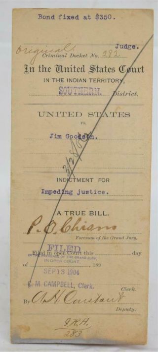 Rare 1904 United States Court In Indian Territory Indictment Paper Document