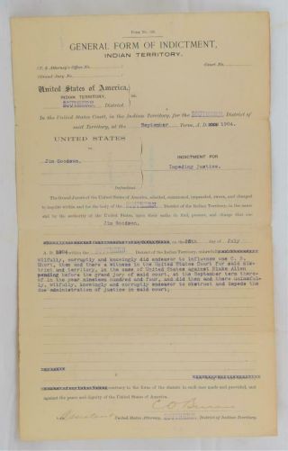 Rare 1904 United States Court In Indian Territory Indictment Paper Document 3