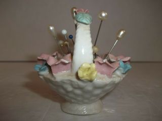 Vintage Flower Basket Pin Cushion Porcelain White Pastel Flowers 3 " Tall