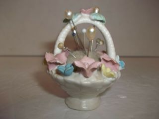 Vintage Flower Basket Pin Cushion Porcelain White Pastel Flowers 3 