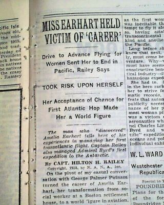 Amelia Earhart Airplane Lost Over Pacific Ocean Fame Led To Death 1938 Newspaper