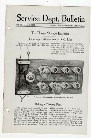 1919 Harley - Davidson Service Dept Bulletin,  To Charge Storage Batteries