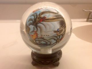 Vintage Chinese Reverse Painted Glass Phere Paperweight (signed)