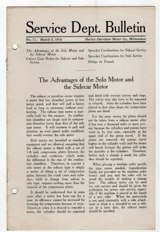 1918 Harley - Davidson Service Dept Bulletin,  Solo & Sidecar Motors