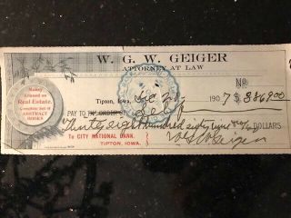 Vintage Cashed Check City National Bank,  Tipton,  Ia For Real Estate 1907