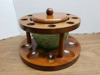 Round Walnut Tobacco 9 Pipe Holder W/ National Pottery Green Glass Humidor