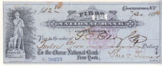 1896 Cooperstown Ny First National Bank Check Leatherstocking Statue Vignette