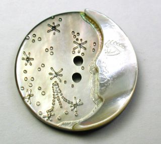 Iridescent & Mop Shell Button Carved Crescent Moon Face & Shooting Stars - 3/4 "