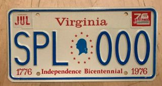 1976 Virginia Bicentennial Sample Auto License Plate " Spl 000 " Virginia 000000