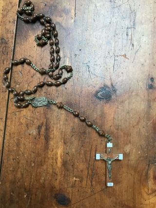Vintage Brown Wood And Silver Tone Rosary Beads & Relic In Cross Marked Lourdes