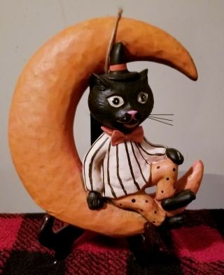 Vintage Style Halloween Black Cat In The Moon Folk Art Primitive