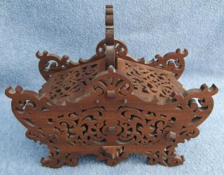 Vtg Small Wooden Scroll Fretwork Sewing Basket Trinket Box Flip Top Lace Cut Out