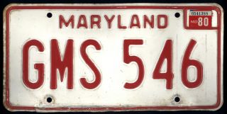 Maryland 1980 License Plate Gms 546 - Red On White - Single Plate