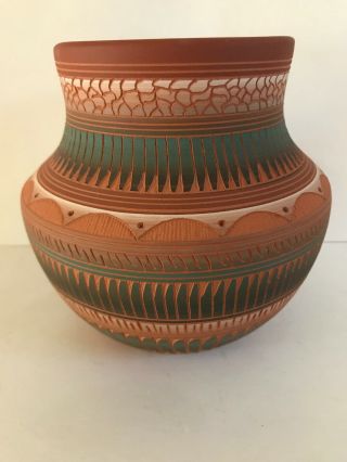 Native American Etched 5.  75 " Red Clay Pottery Vase Signed Michael Charlie Navajo