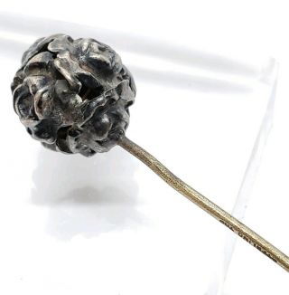 Exquisite Antique Victorian Sterling Silver Reppouse Rose Floral Topped Hat Pin